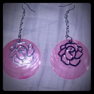 Pink Earrings with Silver Roses
